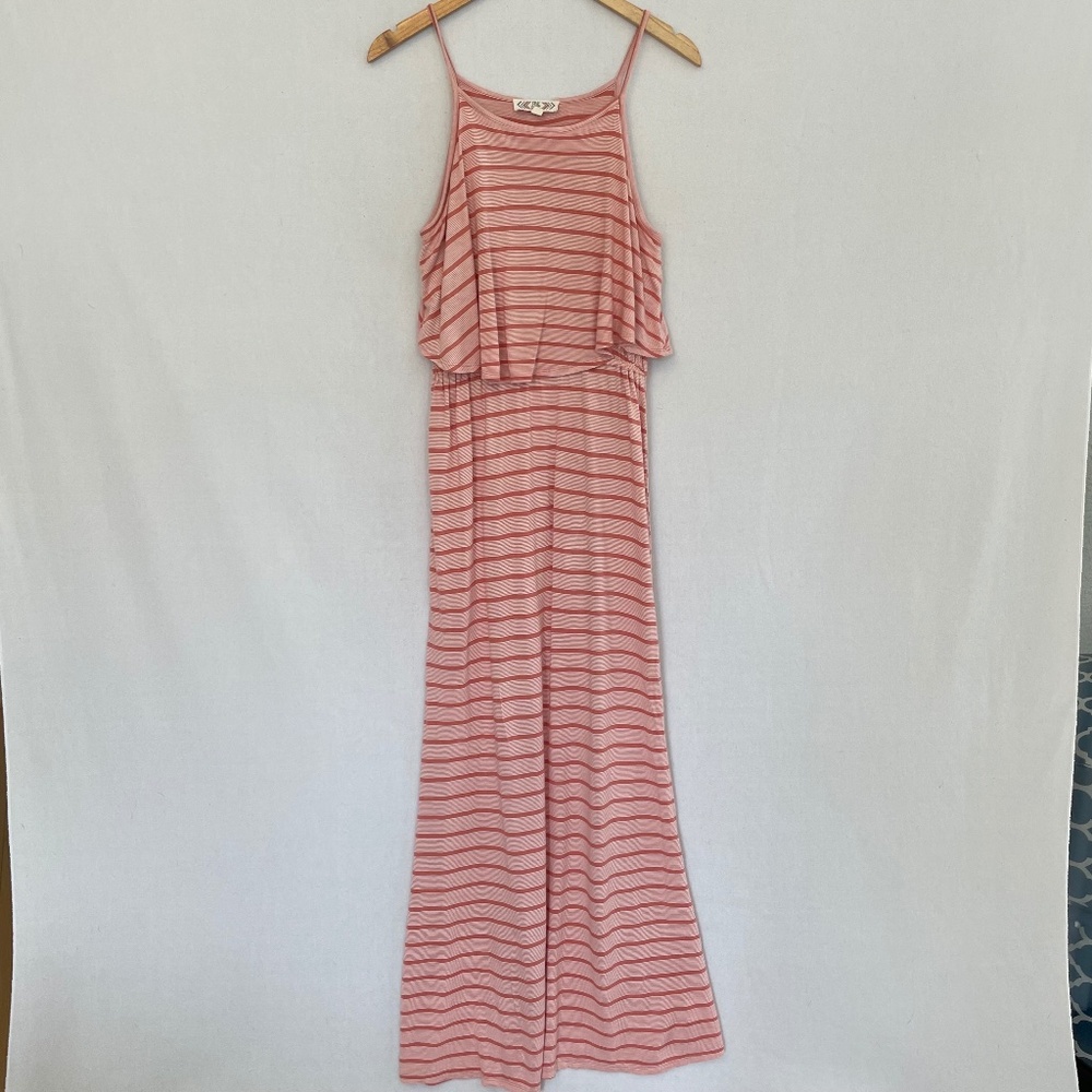 PINK ROSE Women’s Small Peach Stripes Layered Halter Top Maxi Dress